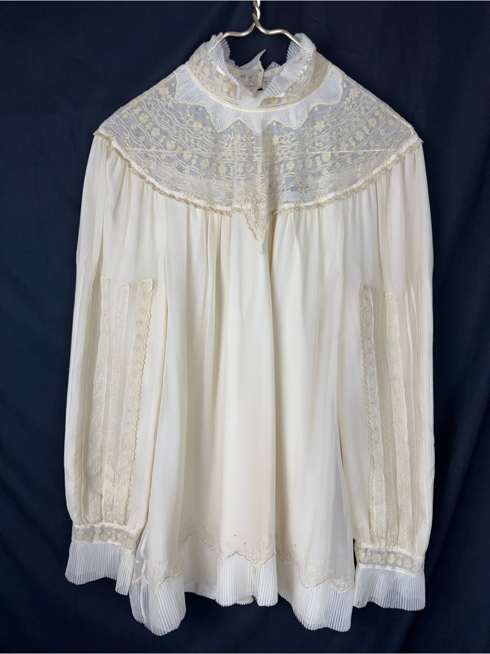 Peruvian Connection Ivory Silk Lace Sheer High Neck Victorian Blouse Sz 14